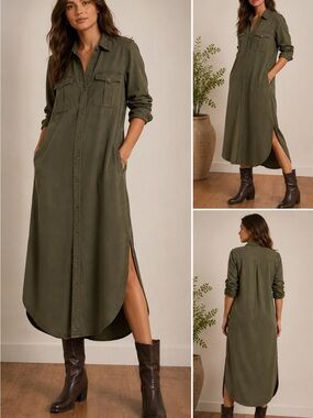 Double RL Ralph Lauren Lyocell Twill Shirt Dress Olive Green Size 1 Maxi Midi